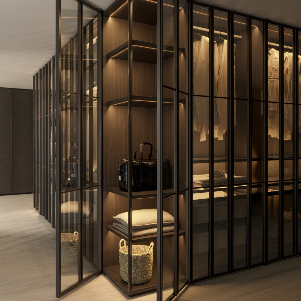 Corner closet with open dark-framed glass doors, wood shelving, hanging clothes and illuminated storage compartments.