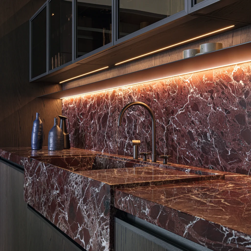 Burgundy veined sink and matching splashback beneath dark glass-front kitchen cabinets with warm strip lighting.